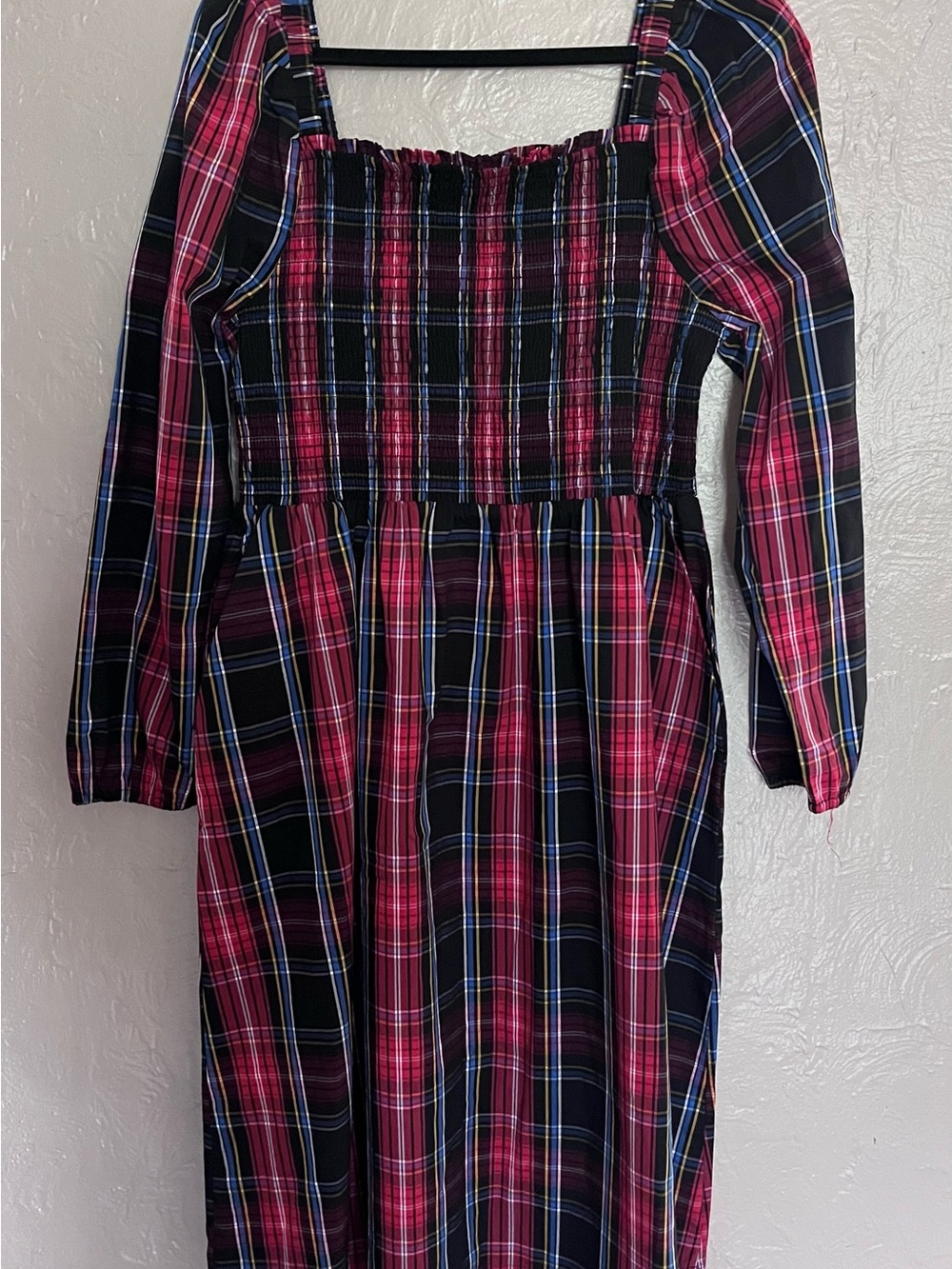Draper James Plaid Smocked Square Neck Pocketed Long Sleeve Midi Dress L - Picture 2 of 8
